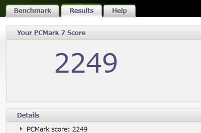 「DELL Inspiron 13 7000シリーズ 2 in 1」の今回の構成での「PCMark 7」のスコアは、全てデフォルト設定の「PCMark suite」のテストで「2249」という結果